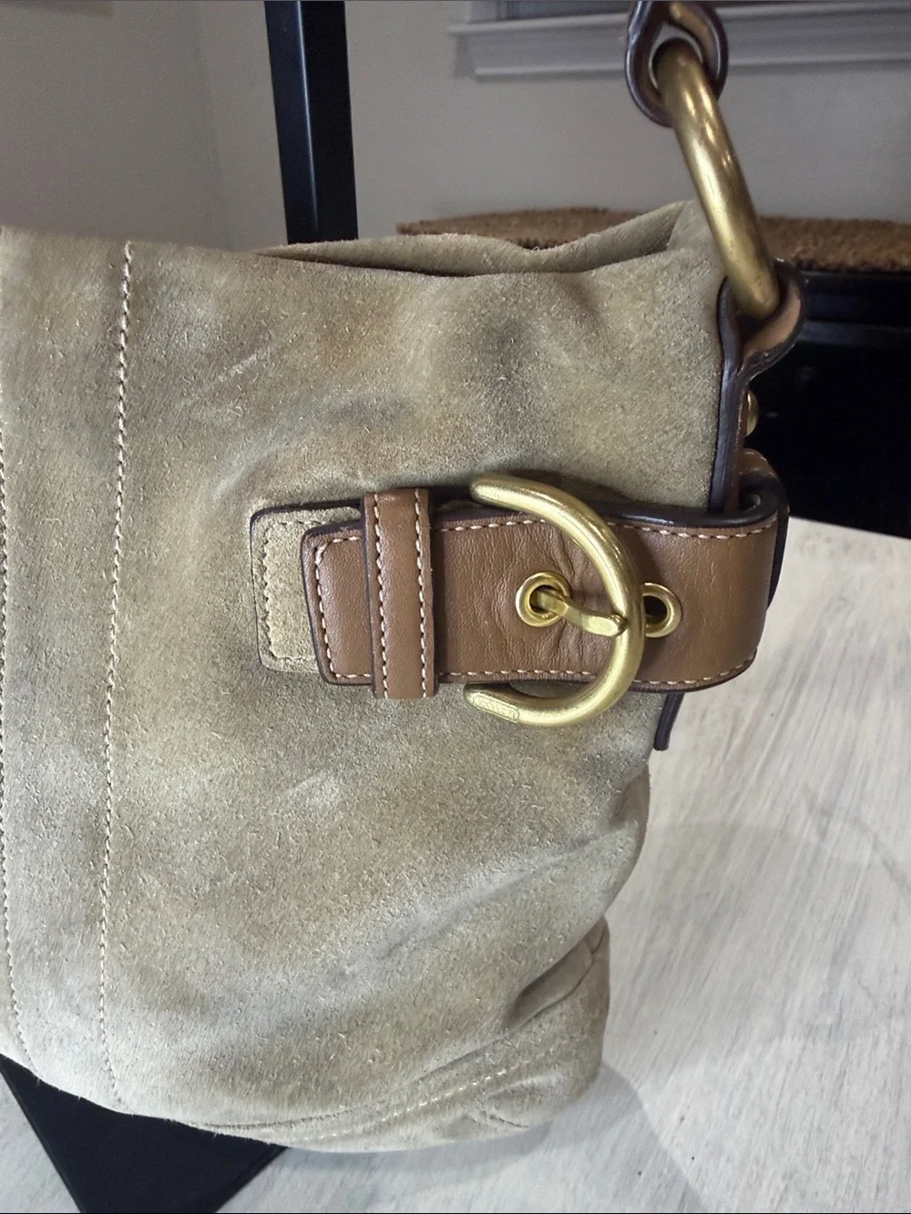 Vintage Y2K CoachTan Suede Bucket Hobo with Brown Leather Trim & Gold Hardware